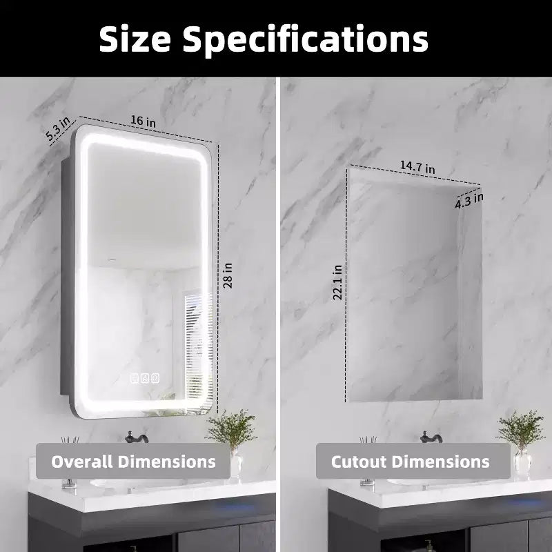 FAMYYT 16 in. W x 28 in. H Rectangular Iron Medicine Cabinet with Mirror, Dimmable LED Light, Anti-Fog and Outlets - Fully Assembled