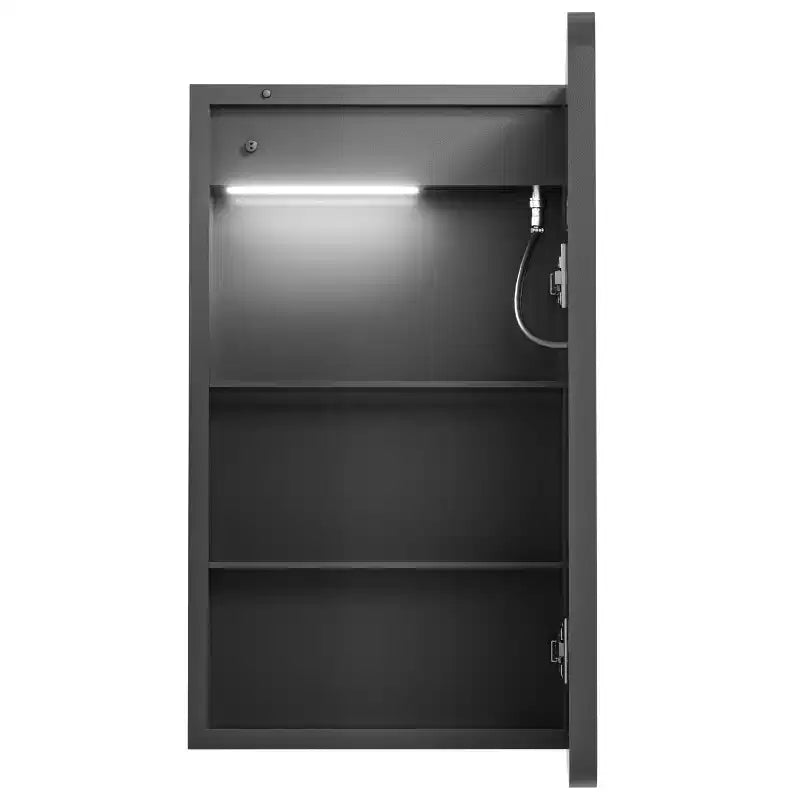 FAMYYT 16 in. W x 28 in. H Rectangular Iron Medicine Cabinet with Mirror, Dimmable LED Light, Anti-Fog and Outlets - Fully Assembled