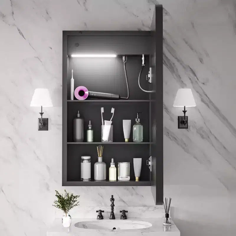 FAMYYT 16 in. W x 28 in. H Rectangular Iron Medicine Cabinet with Mirror, Dimmable LED Light, Anti-Fog and Outlets - Fully Assembled