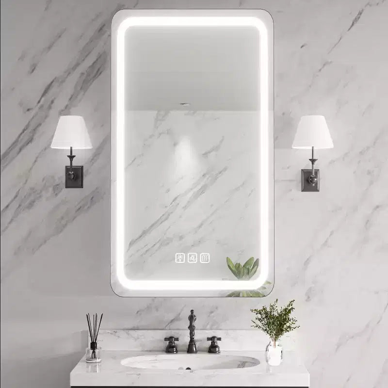 FAMYYT 16 in. W x 28 in. H Rectangular Iron Medicine Cabinet with Mirror, Dimmable LED Light, Anti-Fog and Outlets - Fully Assembled