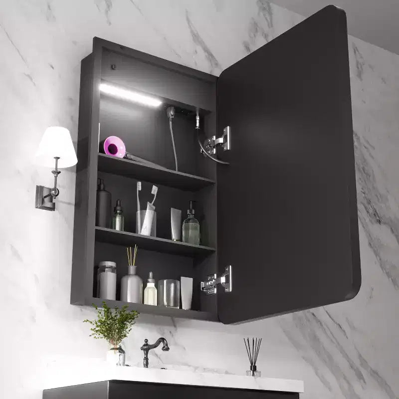 FAMYYT 16 in. W x 28 in. H Rectangular Iron Medicine Cabinet with Mirror, Dimmable LED Light, Anti-Fog and Outlets - Fully Assembled
