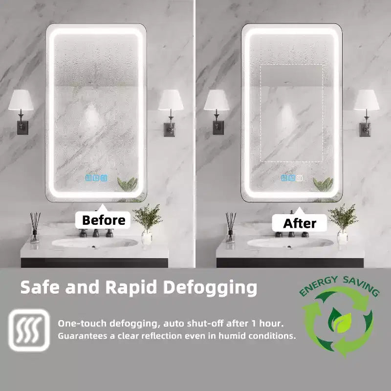 FAMYYT 16 in. W x 28 in. H Rectangular Iron Medicine Cabinet with Mirror, Dimmable LED Light, Anti-Fog and Outlets - Fully Assembled