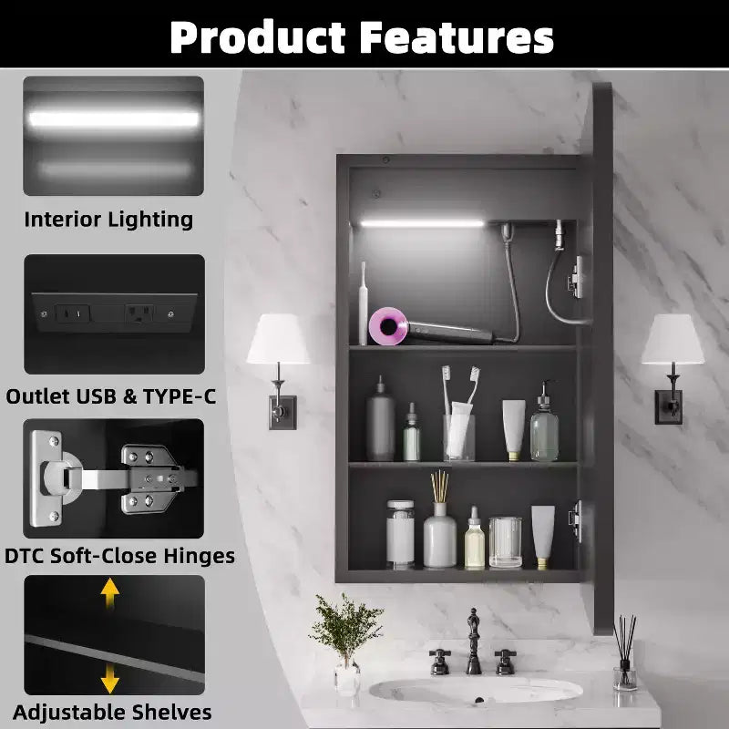 FAMYYT 16 in. W x 28 in. H Rectangular Iron Medicine Cabinet with Mirror, Dimmable LED Light, Anti-Fog and Outlets - Fully Assembled