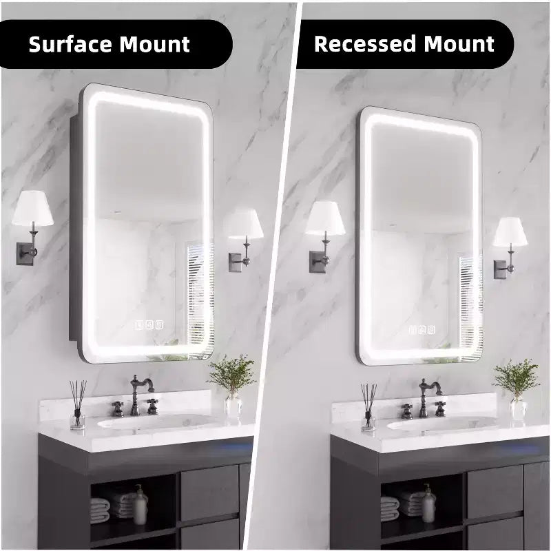 FAMYYT 16 in. W x 28 in. H Rectangular Iron Medicine Cabinet with Mirror, Dimmable LED Light, Anti-Fog and Outlets - Fully Assembled