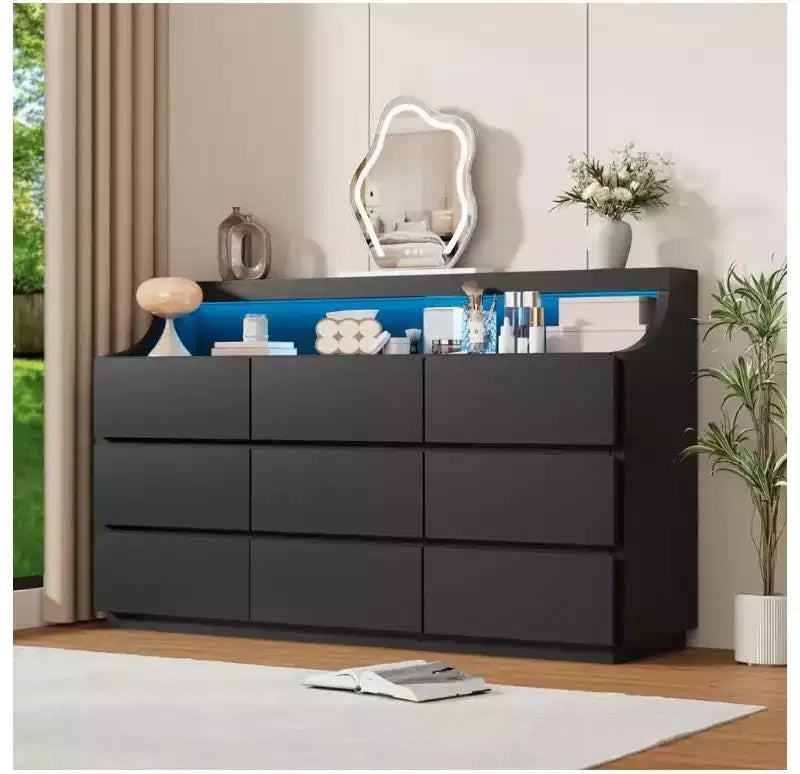 59 Wooden Dresser with 9 Drawers  Modern Chest of Drawers for Bedroom, Living Room, Hallway, and Entryway