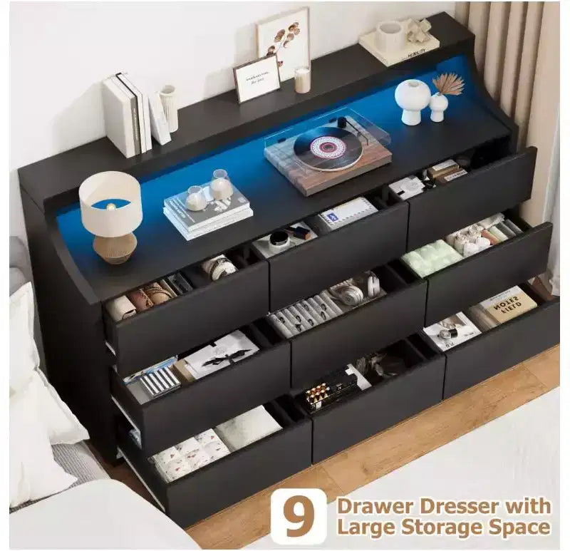 59 Wooden Dresser with 9 Drawers  Modern Chest of Drawers for Bedroom, Living Room, Hallway, and Entryway
