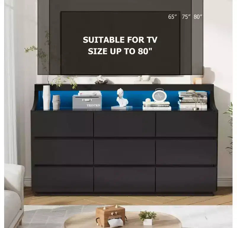59 Wooden Dresser with 9 Drawers  Modern Chest of Drawers for Bedroom, Living Room, Hallway, and Entryway