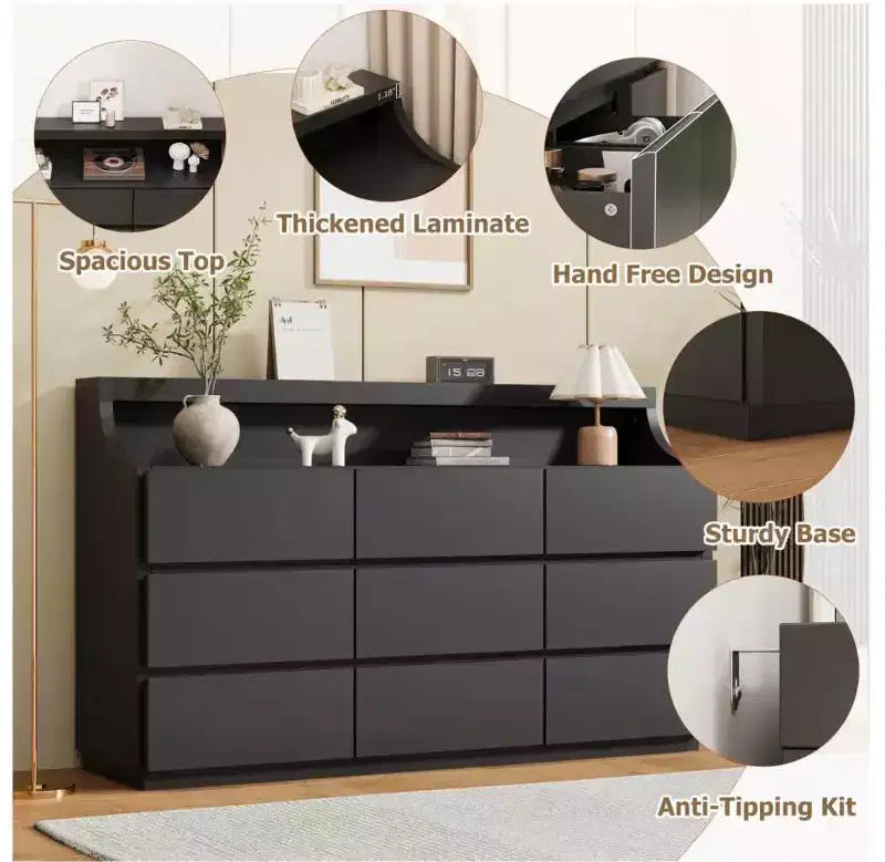 59 Wooden Dresser with 9 Drawers  Modern Chest of Drawers for Bedroom, Living Room, Hallway, and Entryway