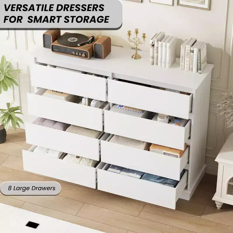 8 Drawer Double Dresser, Modern Wide Wooden Chest, Anti-Tip Device, Large Clothing Storage Cabinet, for Living Room, Entryway