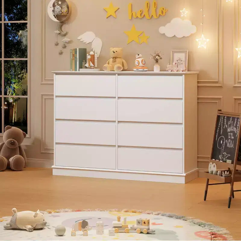 8 Drawer Double Dresser, Modern Wide Wooden Chest, Anti-Tip Device, Large Clothing Storage Cabinet, for Living Room, Entryway