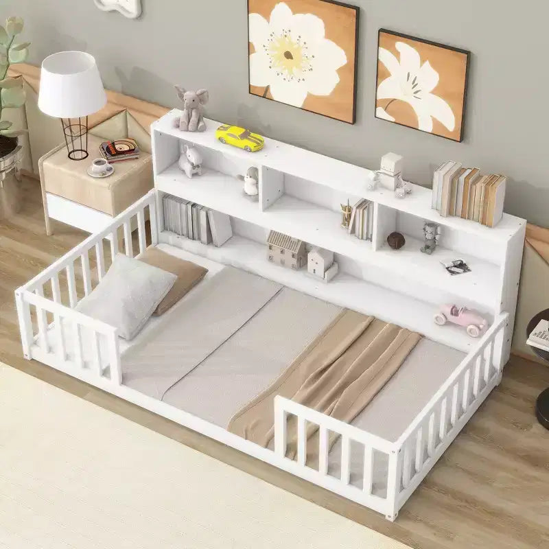 MAYEERTY Full Bed Frame Soft-Close Drawers Solid Pine Wood No Box Spring Needed