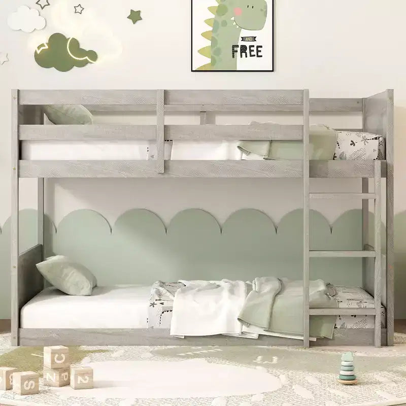 Clihome Twin over Twin Floor Bunk Bed with Panelled Headboard and Footboard