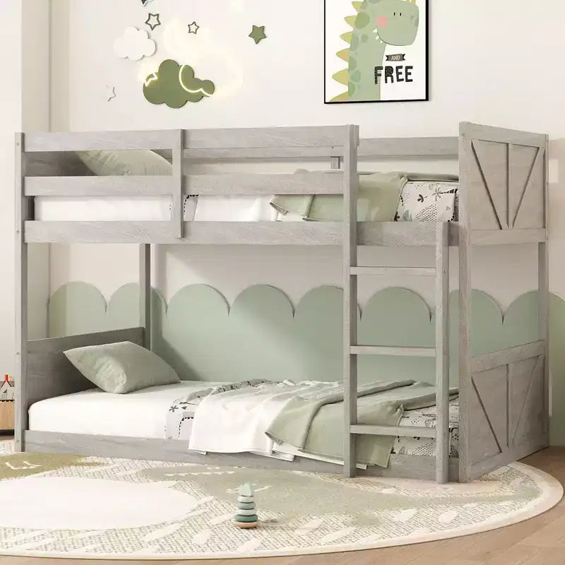 Clihome Twin over Twin Floor Bunk Bed with Panelled Headboard and Footboard