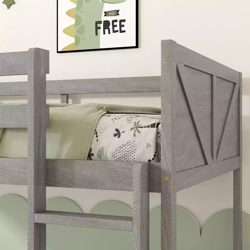 Clihome Twin over Twin Floor Bunk Bed with Panelled Headboard and Footboard