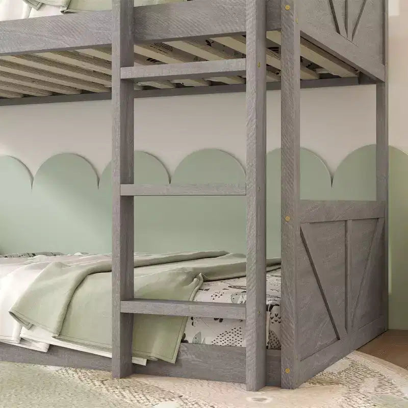 Clihome Twin over Twin Floor Bunk Bed with Panelled Headboard and Footboard