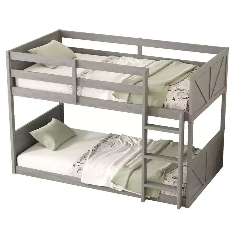 Clihome Twin over Twin Floor Bunk Bed with Panelled Headboard and Footboard