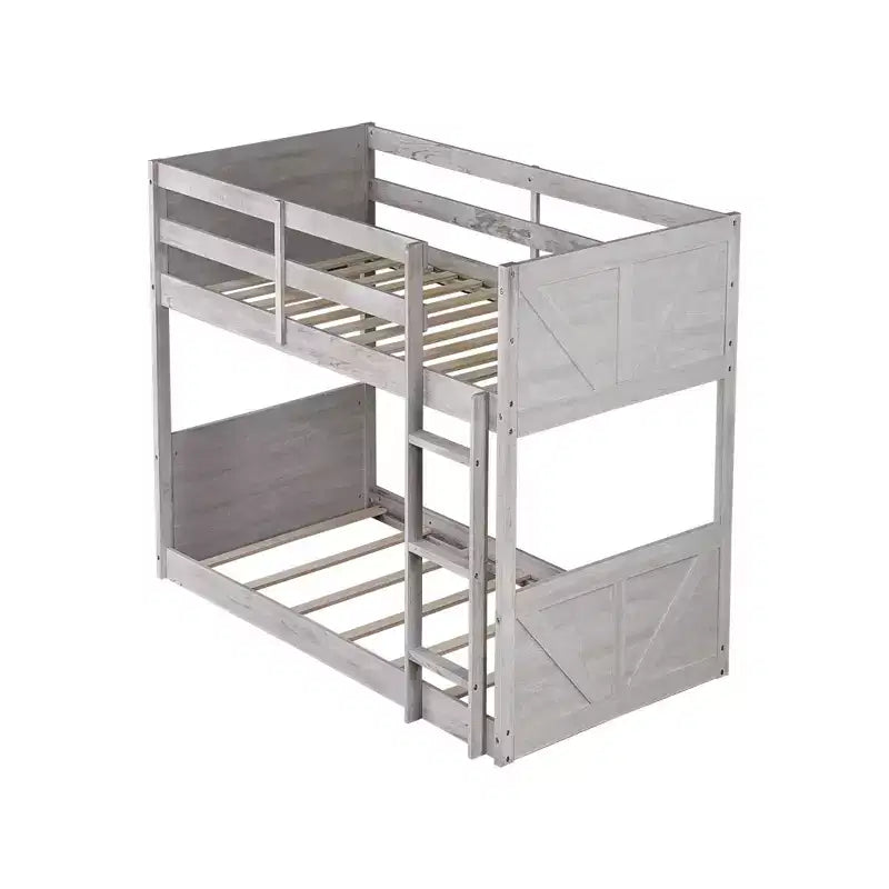Clihome Twin over Twin Floor Bunk Bed with Panelled Headboard and Footboard