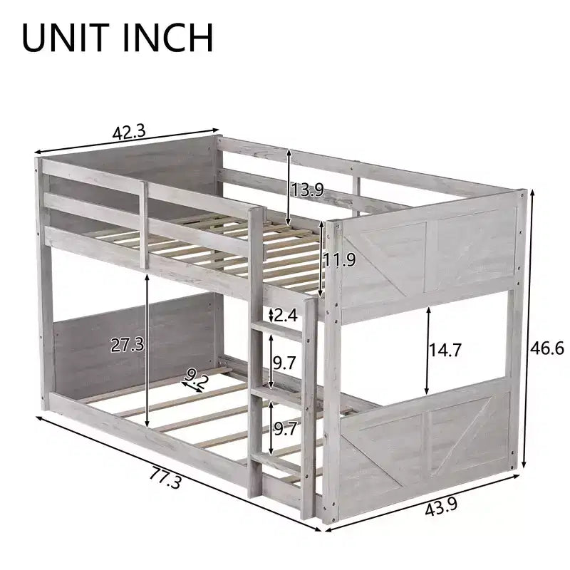 Clihome Twin over Twin Floor Bunk Bed with Panelled Headboard and Footboard