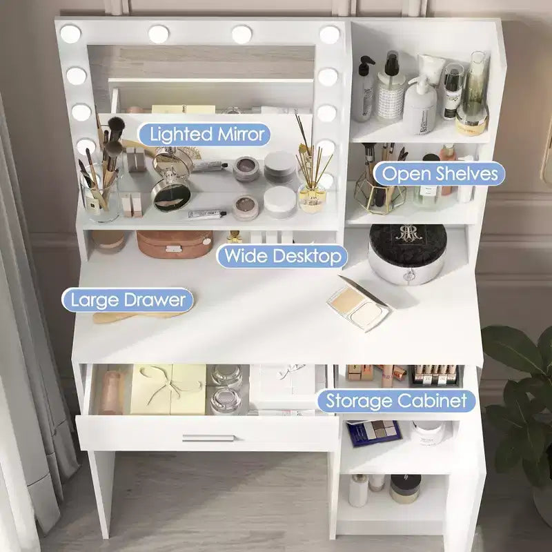 White Makeup Vanity Desk with Mirror and Lights, Cabinet and Shelf Storage, Open Shelves for Bedroom, Dimmable Lighting