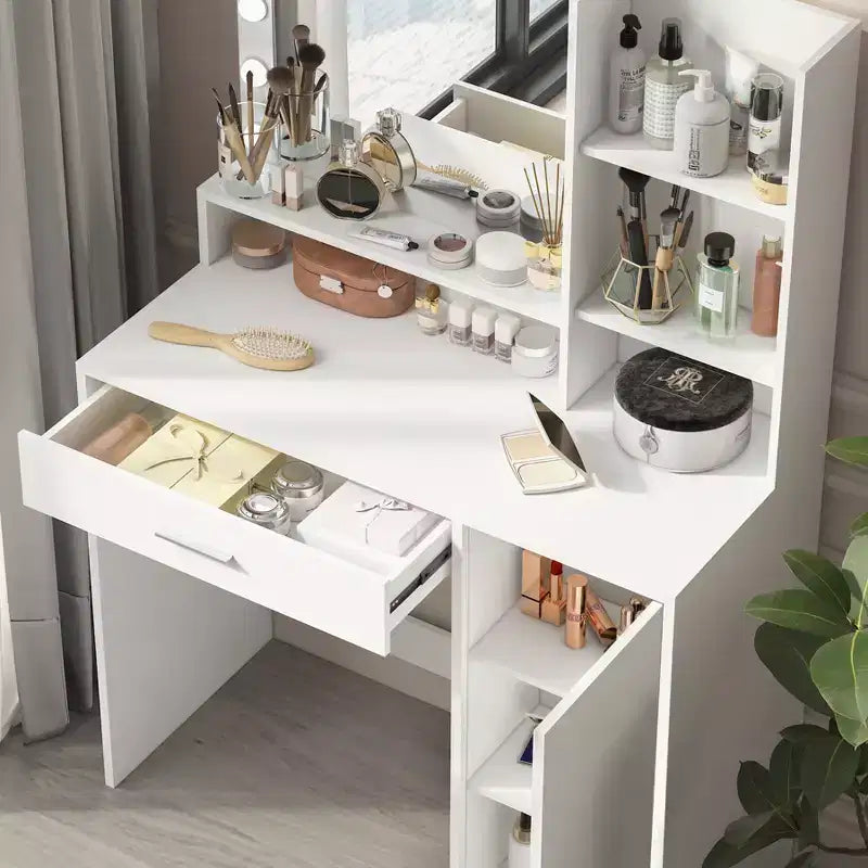 White Makeup Vanity Desk with Mirror and Lights, Cabinet and Shelf Storage, Open Shelves for Bedroom, Dimmable Lighting
