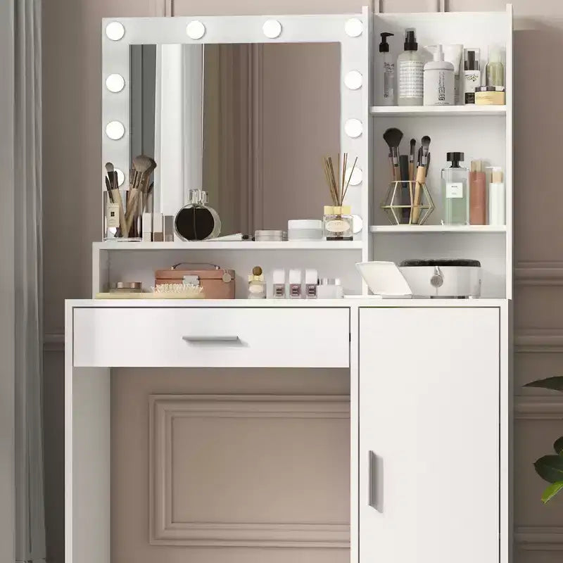 White Makeup Vanity Desk with Mirror and Lights, Cabinet and Shelf Storage, Open Shelves for Bedroom, Dimmable Lighting