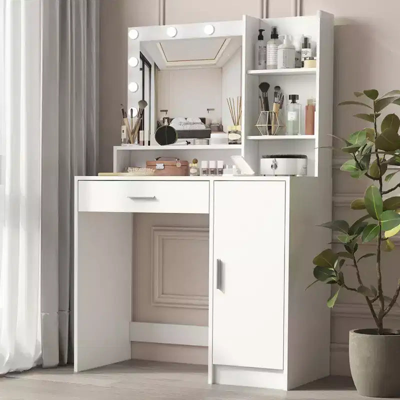 White Makeup Vanity Desk with Mirror and Lights, Cabinet and Shelf Storage, Open Shelves for Bedroom, Dimmable Lighting