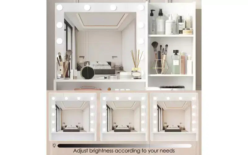 White Makeup Vanity Desk with Mirror and Lights, Cabinet and Shelf Storage, Open Shelves for Bedroom, Dimmable Lighting