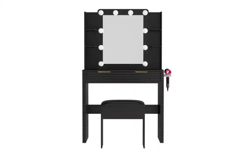 Modern Makeup Vanity Desk with Mirror and Lights, 2 Drawers, Charging Station with Type-C, Hair Dryer Holder, and Matching Stool for Small Spaces