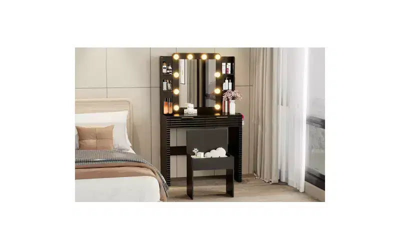 Modern Makeup Vanity Desk with Mirror and Lights, 2 Drawers, Charging Station with Type-C, Hair Dryer Holder, and Matching Stool for Small Spaces