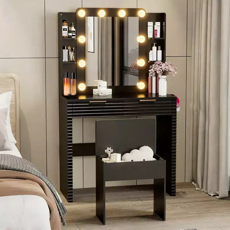 Modern Makeup Vanity Desk with Mirror and Lights, 2 Drawers, Charging Station with Type-C, Hair Dryer Holder, and Matching Stool for Small Spaces