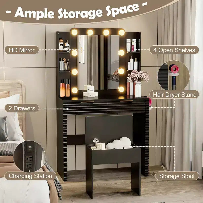 Modern Makeup Vanity Desk with Mirror and Lights, 2 Drawers, Charging Station with Type-C, Hair Dryer Holder, and Matching Stool for Small Spaces