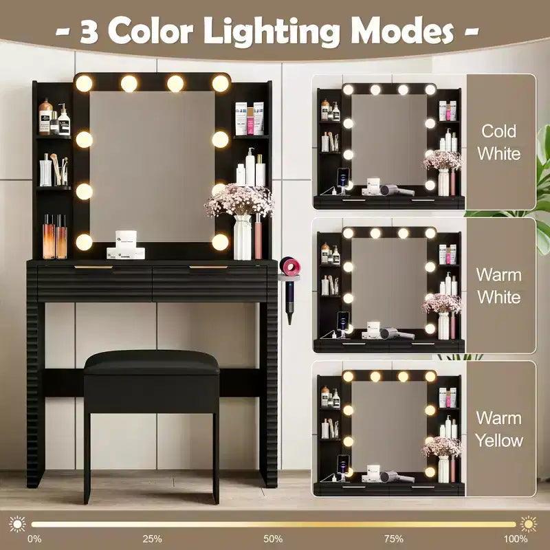 Modern Makeup Vanity Desk with Mirror and Lights, 2 Drawers, Charging Station with Type-C, Hair Dryer Holder, and Matching Stool for Small Spaces