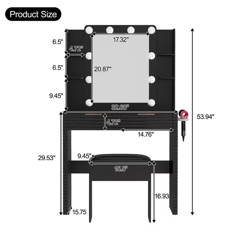 Modern Makeup Vanity Desk with Mirror and Lights, 2 Drawers, Charging Station with Type-C, Hair Dryer Holder, and Matching Stool for Small Spaces