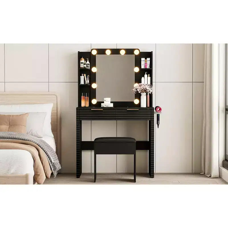 Modern Makeup Vanity Desk with Mirror and Lights, 2 Drawers, Charging Station with Type-C, Hair Dryer Holder, and Matching Stool for Small Spaces