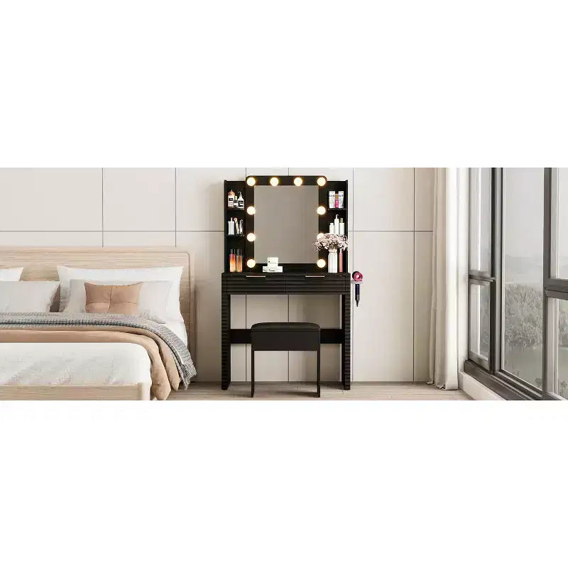 Modern Makeup Vanity Desk with Mirror and Lights, 2 Drawers, Charging Station with Type-C, Hair Dryer Holder, and Matching Stool for Small Spaces