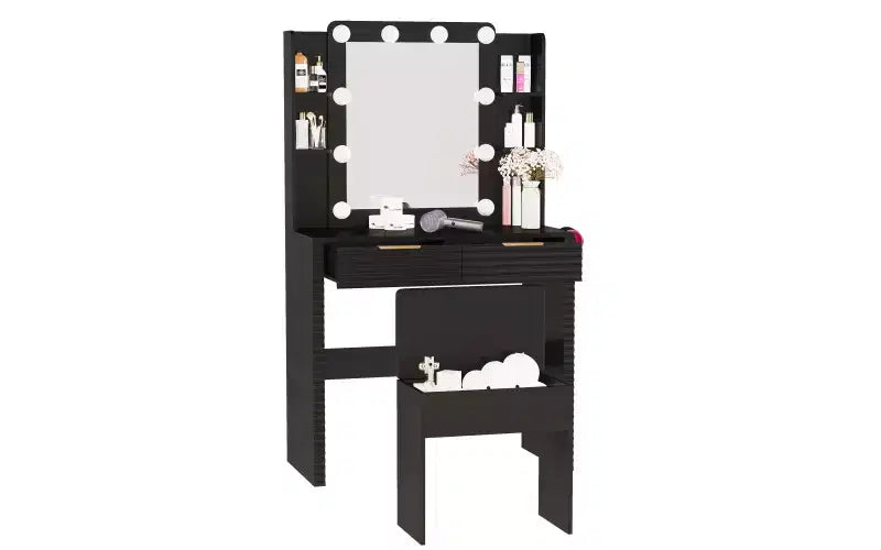 Modern Makeup Vanity Desk with Mirror and Lights, 2 Drawers, Charging Station with Type-C, Hair Dryer Holder, and Matching Stool for Small Spaces