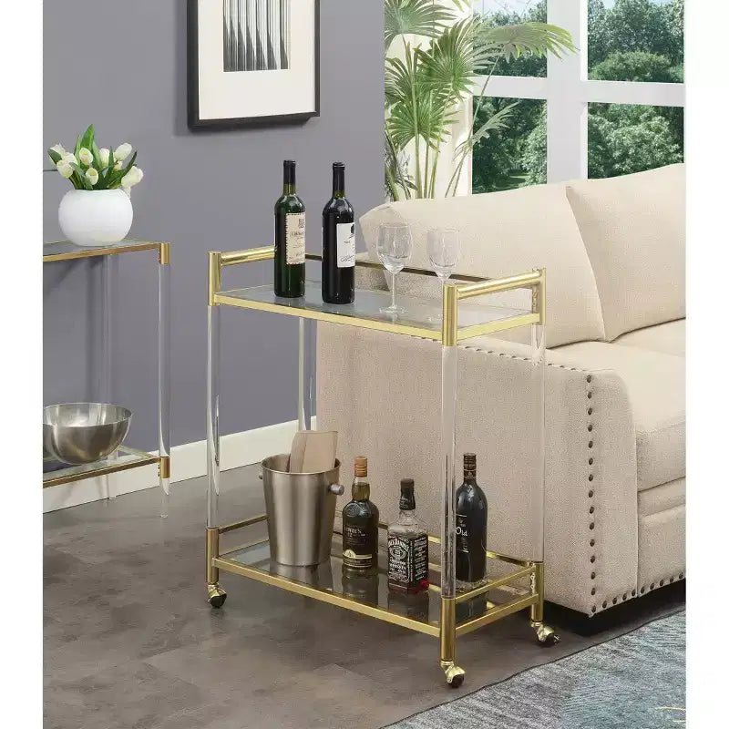 Royal Crest 2 Tier Acrylic Glass Bar Cart Gold/Glass - Breighton Home: Tempered Shelves, Swivel Wheels