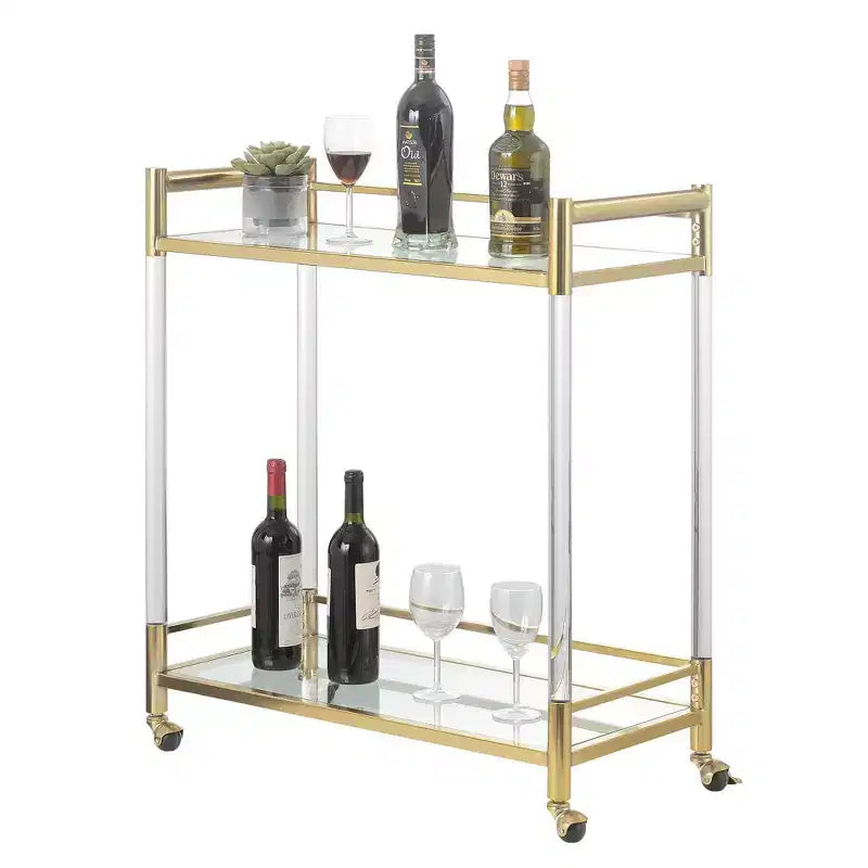 Royal Crest 2 Tier Acrylic Glass Bar Cart Gold/Glass - Breighton Home: Tempered Shelves, Swivel Wheels