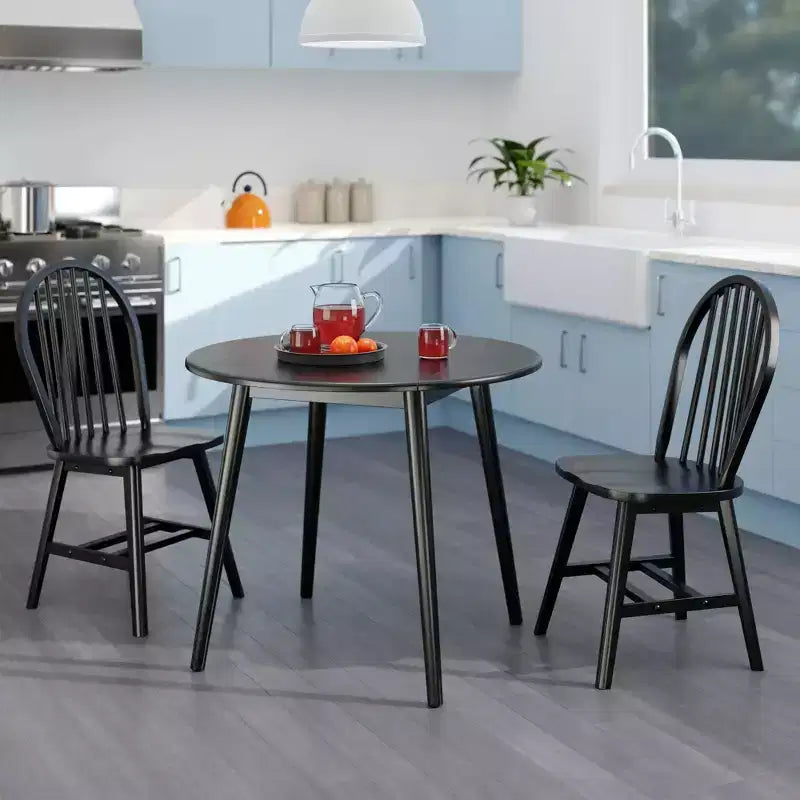 3pc Moreno Dining Table Set Black - Winsome: Glossy Wood, Round Drop Leaf, Transitional Style, Seats 4, Tapered Legs