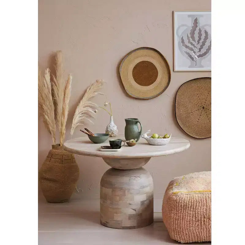 Storied Home Mango Wood Dining Table Natural: Whitewashed Finish, Pedestal Base, 47" Diameter