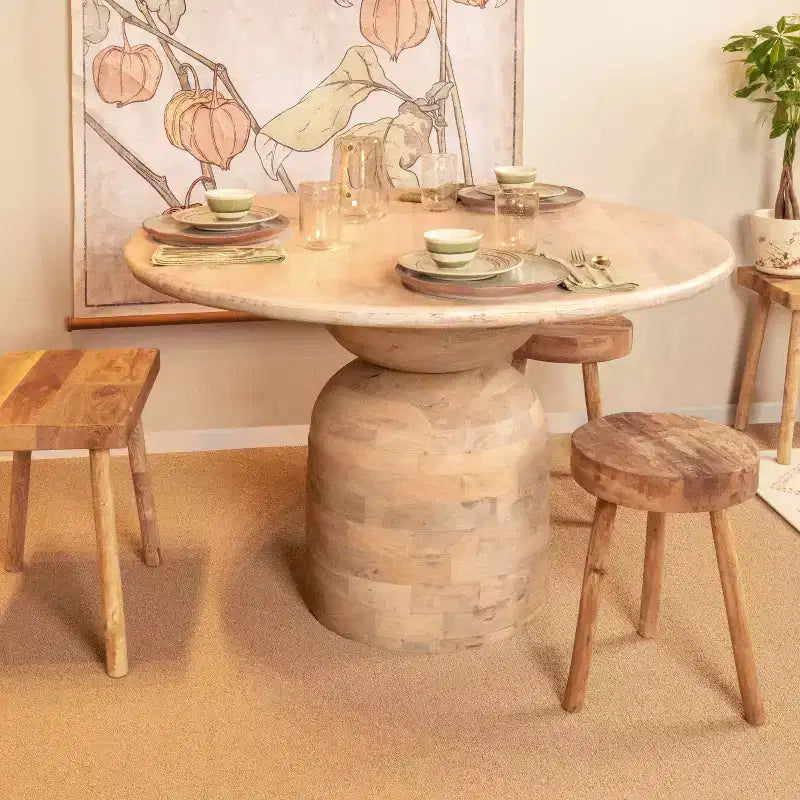 Storied Home Mango Wood Dining Table Natural: Whitewashed Finish, Pedestal Base, 47" Diameter
