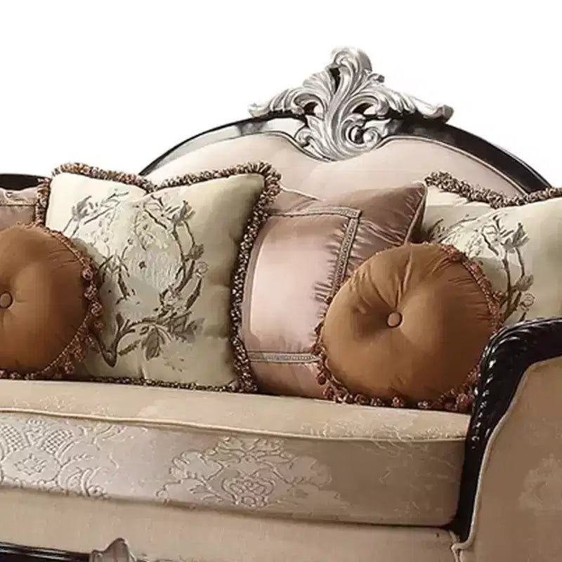 75" Ernestine Sofa Tan Fabric and Black Finish - Acme Furniture: Traditional Loveseat, Removable Cushions, 3 Accent Pillows