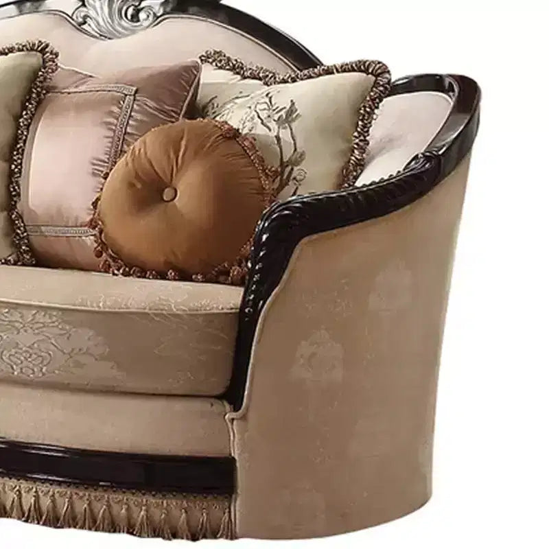 75" Ernestine Sofa Tan Fabric and Black Finish - Acme Furniture: Traditional Loveseat, Removable Cushions, 3 Accent Pillows