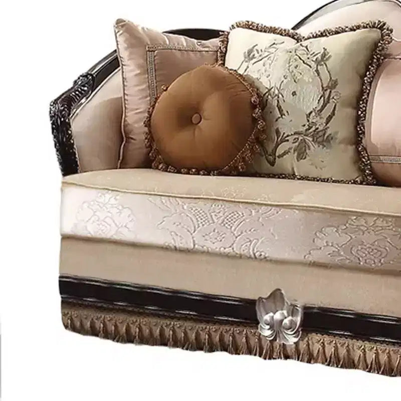 75" Ernestine Sofa Tan Fabric and Black Finish - Acme Furniture: Traditional Loveseat, Removable Cushions, 3 Accent Pillows