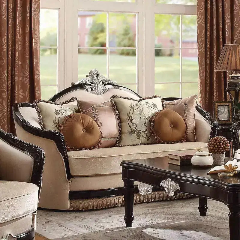 75" Ernestine Sofa Tan Fabric and Black Finish - Acme Furniture: Traditional Loveseat, Removable Cushions, 3 Accent Pillows