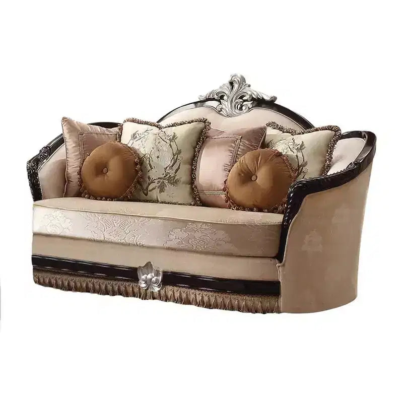 75" Ernestine Sofa Tan Fabric and Black Finish - Acme Furniture: Traditional Loveseat, Removable Cushions, 3 Accent Pillows