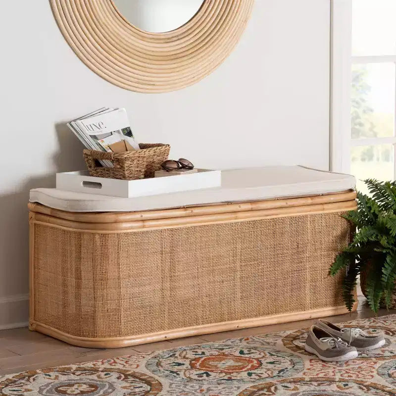 bali & pari Ishana Natural Rattan Storage Bench Natural/White: Upholstered Polyester, Plywood Frame, No Assembly Required