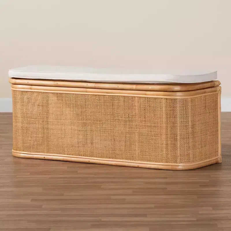 Banc de rangement en rotin naturel Blanc/naturel : Polyester rembourré, cadre en contreplaqué, aucun assemblage requis