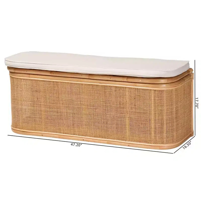 Banc de rangement en rotin naturel Blanc/naturel : Polyester rembourré, cadre en contreplaqué, aucun assemblage requis