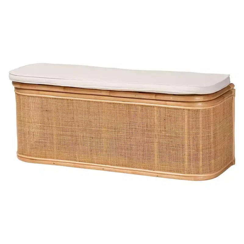 Banc de rangement en rotin naturel Blanc/naturel : Polyester rembourré, cadre en contreplaqué, aucun assemblage requis